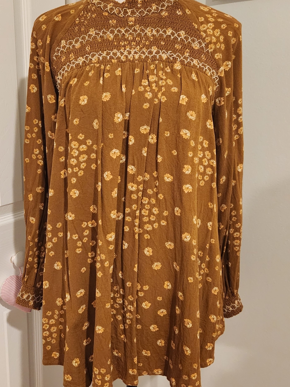 Free People Mustard Floral Smocked Yoke Tunic